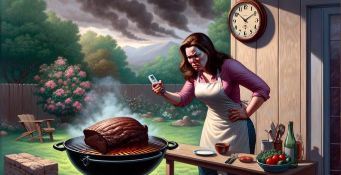 slow cooking brisket in backyard